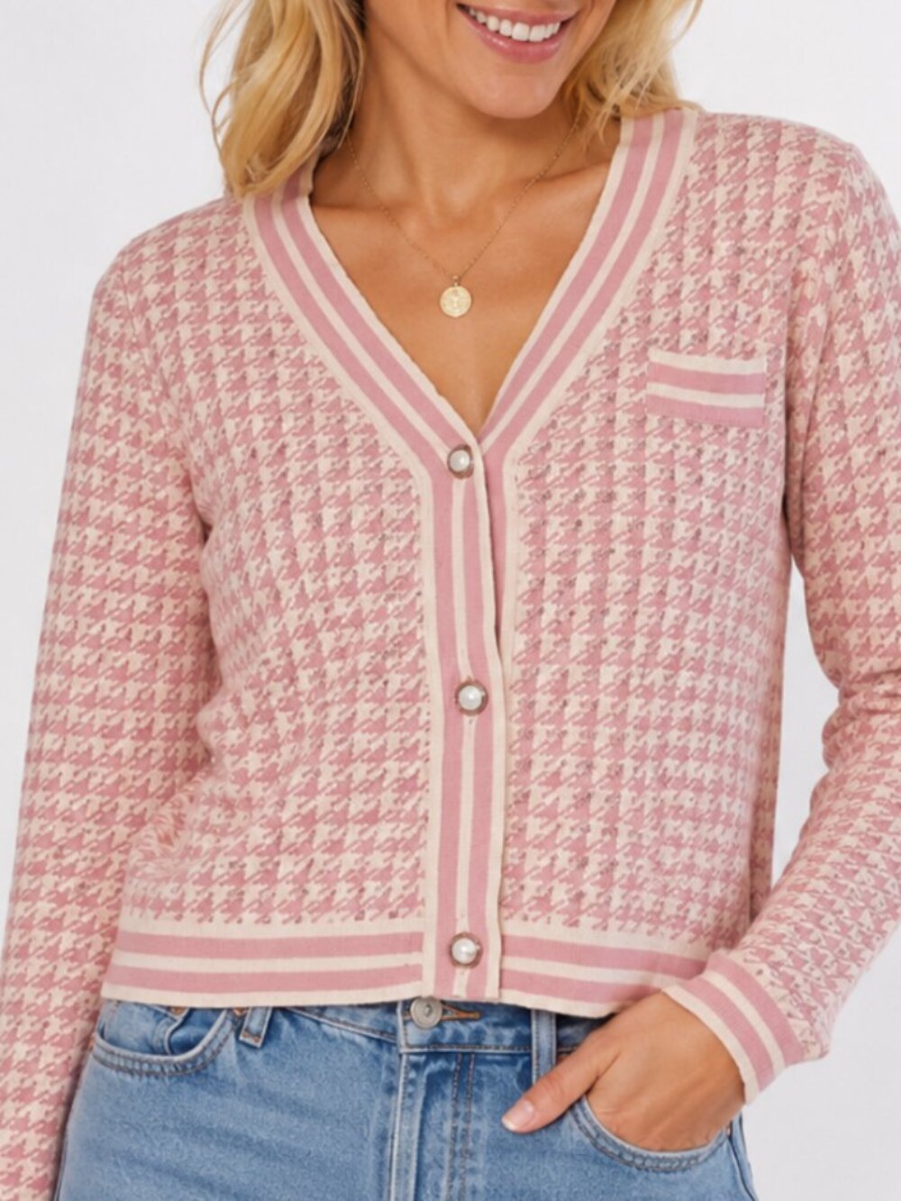 Cardigan Knot houndstooth Pink and cream Small EUC
